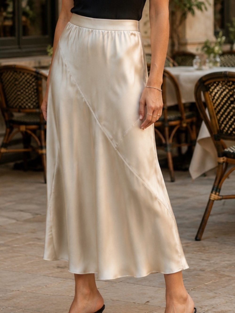 ATM | 100% Silk Lght Beige Midi Skirt | Size Large
